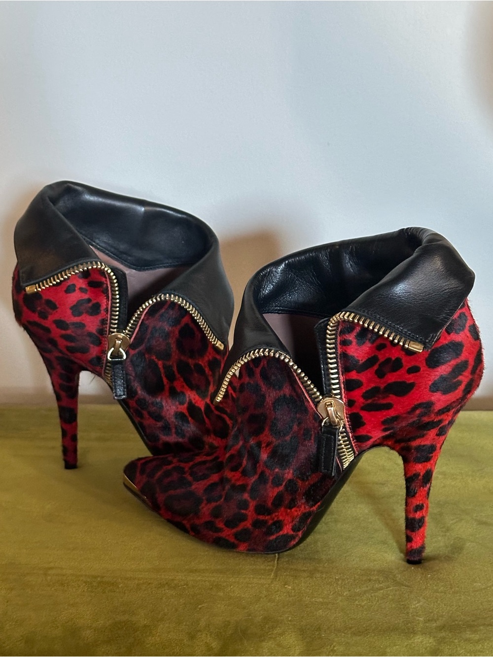Tabitha Simmons Red Leopard Stiletto Ankle Boot with Black leather Fold-over
